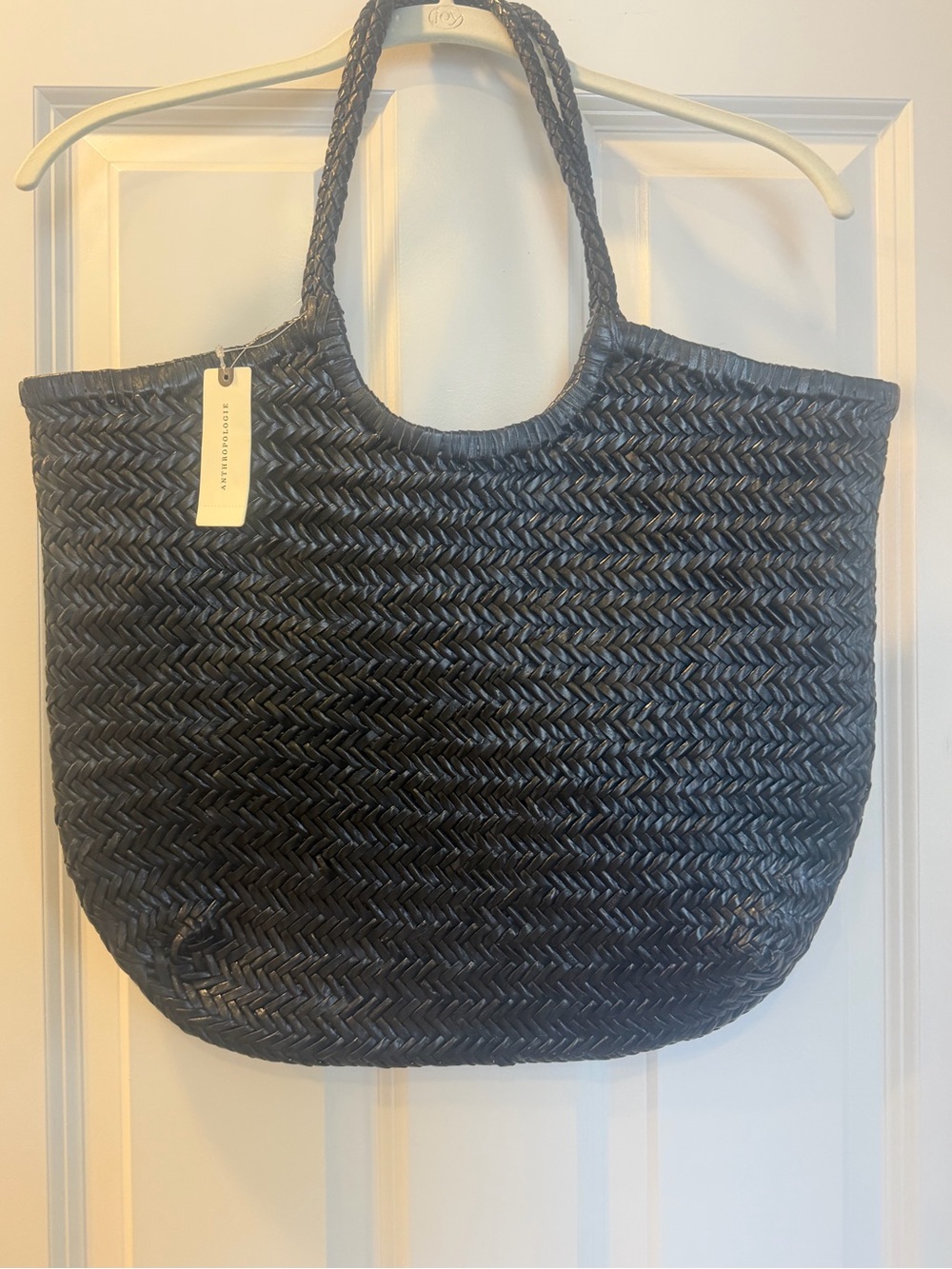 NWT- Anthropologie Black Woven Tote with Double Handles - Picture 2 of 6